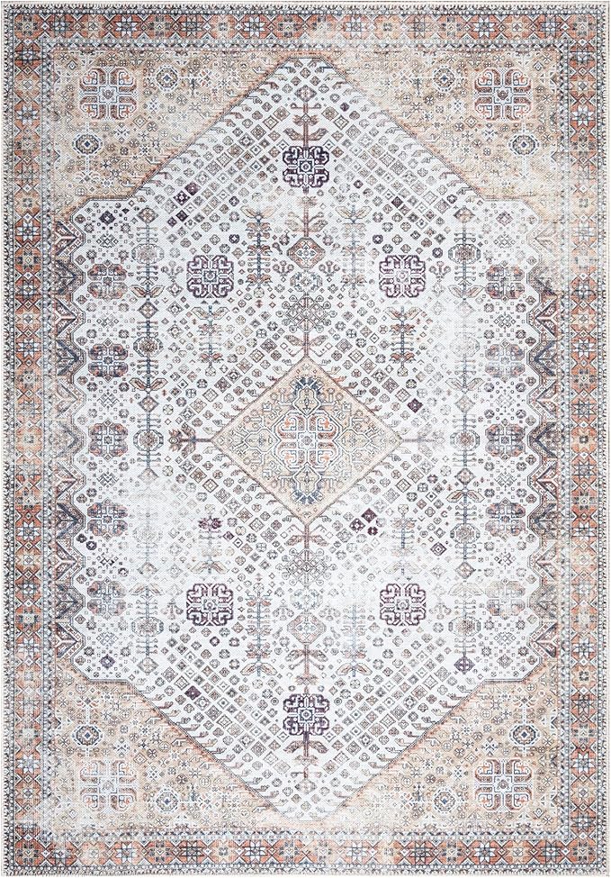 Bloom Rugs Washable Non-Slip 5' x 7' Rug - Sand/Orange/Purple Traditional Medallion Area Rug for Living Room, Bedroom, Dining Room, and Kitchen - Exact Size: 5' x 7'