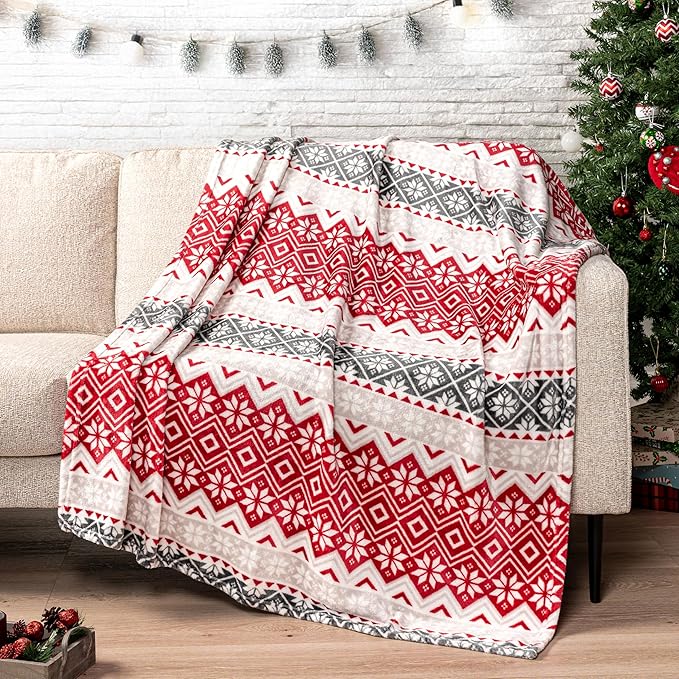 PAVILIA Christmas Throw Blanket | Holiday Christmas Red Fleece Blanket | Soft, Plush, Warm Winter Cabin Throw, 50x60 (Red Snowflakes)