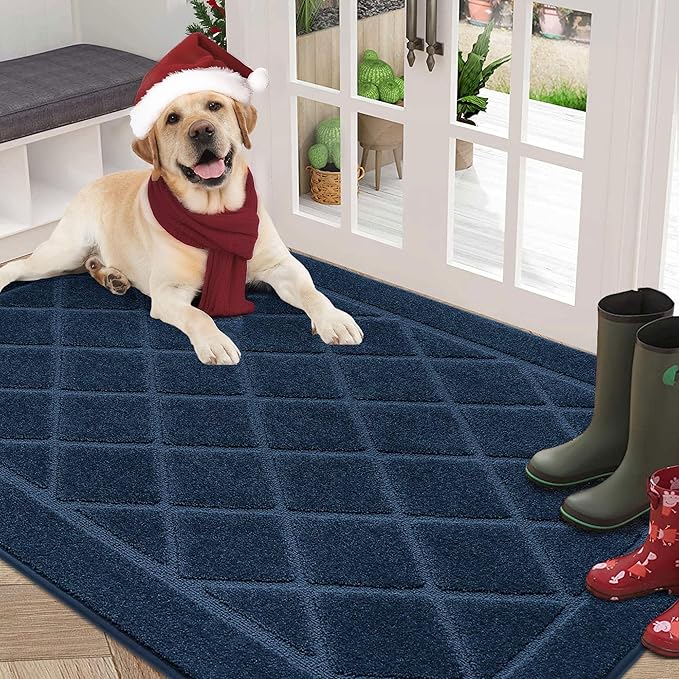 BEQHAUSE Dirt Trapper Door Mat 36" x 60", Doormat Non-Slip Entryway Rugs Washable, Dog Door Mat Stain Resistant and Absorbent Welcome Floor Mat for Front Back Door, Muddy Wet Shoes & Paws, Navy Blue