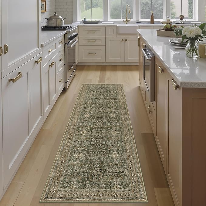 Hallway Runner Rug 2x8 Green Brown Vintage Washable Kitchen Carpet Traditonal Distressed Soft Non Slip Long Runner Retro Low Pile Thin Rug for Laundry Bedroom Entrance Bathroom