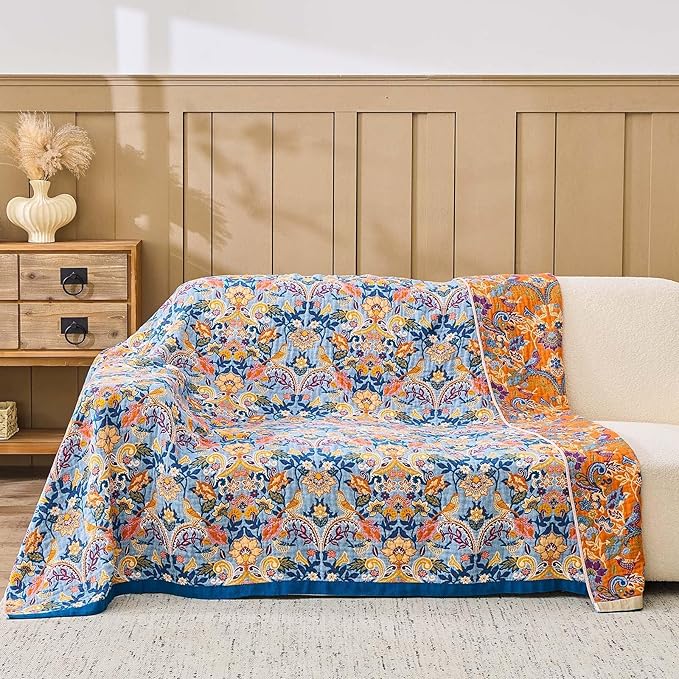 Blue Orange Fall Blanket 80"x 90" Boho Throw Blankets for Couch Bed Chair, 100% Cotton Quilts Warm Soft Blanket Muslin Bed Blankets Home Decor Farmhouse Warm Throws Gifts for Women Mom