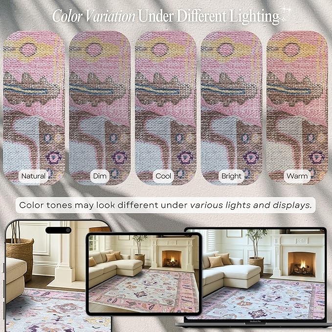Fame Rugs Pink Beige Modern Oushak Rug 2'6"x10, Vintage Turkish Colorful Oriental Antique Inspired Foldable Long Washable Runner Rugs, Luxury Living Room Bedroom (390PP, 2'6" x 10')