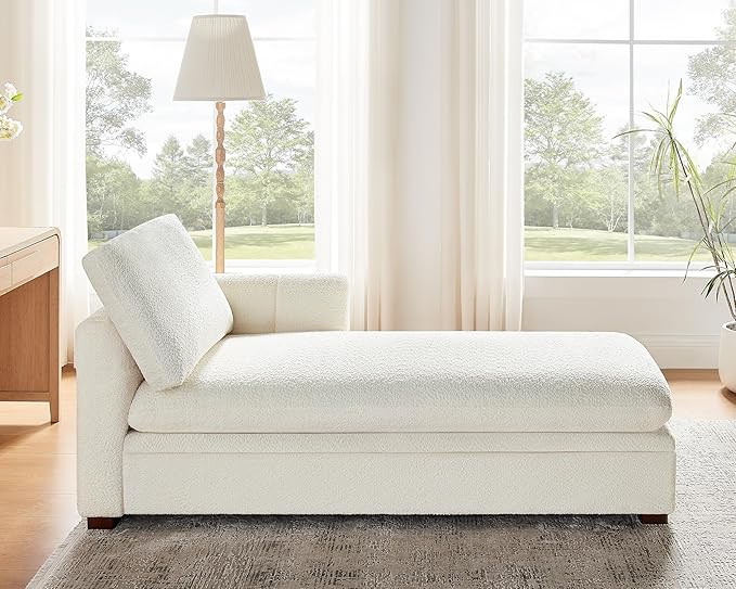 VANOMi Oversized 70.47'' Chaise Lounge Chair Indoor with Storage Space, Modern Upholstered Sofa Bed with Thick Cushion and Left Armrest, Boucle Leisure Recliner for Living Room, Bedroom, Office, White