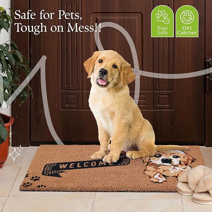 Coir Door Mats 17" X 30", Non-Slip Sturdy, PVC Backed Heavy Duty, Easy to Clean, Ideal for Door Entrance, Patio, Porch, Backyard, Garages, Cute Little Puppy Welcome