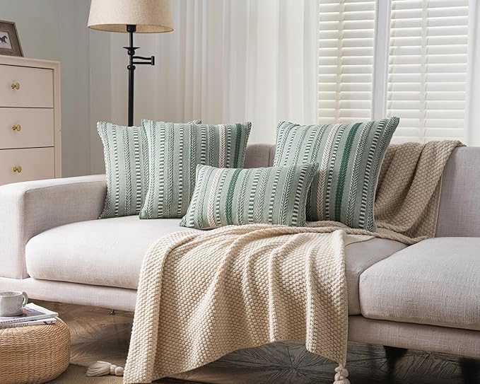 Boho Lumbar Pillow Covers 14x36 Long, Farmhouse Decorative Couch Pillow Cases, Light Green Accent Pillows of Bed, Sofa Bedroom Living Room Home Decor Cushion Cover, Pack of 1