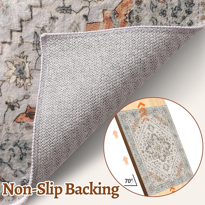 Kitchen Rug 2x4 Washable Rug for Entryway Vintage Non Slip Small Rugs Front Door Mat Indoor Entrance, Print Distressed Throw Rug Grey, Soft Low Pile Rugs Small Carpet for Entry Bedroom Bathroom