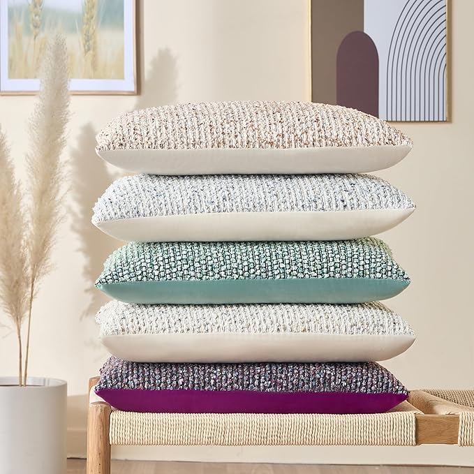 Decorative Couch Throw Pillow Covers 12x20 Set of 2 Beige Striped Soft Wool Pillow Covers Neutral Textured Boho Cushion Covers for Modern Farmhouse Sofa Bedroom Living Room Decor SY012-A12
