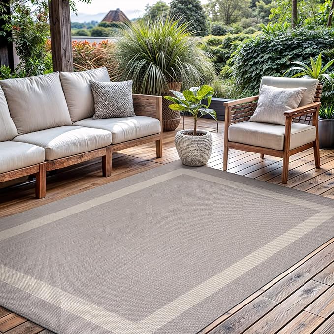 CAMILSON Outdoor Rug 6x9,Modern Outside Rugs for Patios Porches Waterproof Durable Washable Non-Shedding, Easy-to-Clean Indoor Outdoor Area Carpet (6 x 9, Bordered - Gray/White)