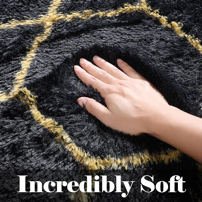 ONASAR 5x7 Area Rugs for Living Room Bedroom, Washable Fluffy Black and Gold Faux Fur Rug, Geometric Boho Soft Plush Shaggy Floor Carpet Mat for Nursery Kids Girls Boys Teen Dorm Home Office Decor