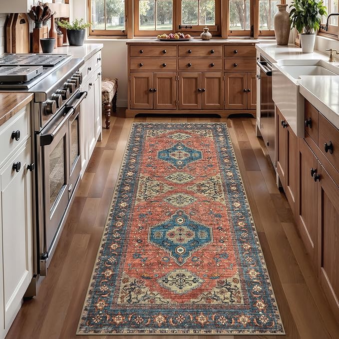 Tangsoo 2x5 Washable Runner Rug for Hallways, Non Slip Vintage Runner Rug, Soft Low Pile Long Rug Runner, Print Distressed Carpet Runners for Kitchen Bedroom Entryway Bathroom Living Room Terracotta