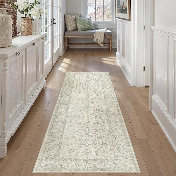 2x8 Grey Runner Rug Hallway Non Slip Kitchen Vintage Distressed Long Carpet Indoor Machine Washable Retro Floral Bedroom Accent Throw Rug for Office Laundry Bathroom Dining Living Room