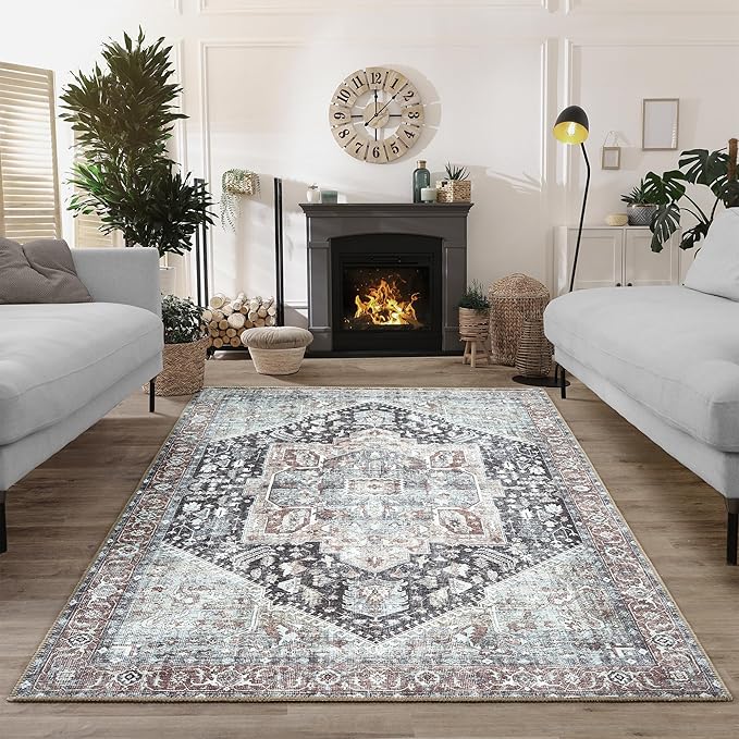 Bloom Rugs Washable Non-Slip 8' x 10' Rug - Charcoal/Brown Traditional Medallion Area Rug for Living Room, Bedroom, Dining Room, and Kitchen - Exact Size: 8' x 10'