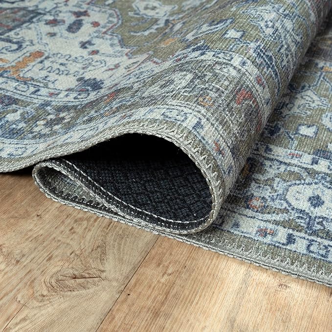 Bloom Rugs Washable Non-Slip 7 ft Runner - Green/Blue Traditional Medallion Runner for Entryway, Hallway, Bathroom, and Kitchen - Exact Size: 2.5' x 7'