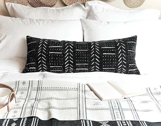 BLISSBLUSH Black Decorative Lumbar Pillow Cover 14X36, Boho Lumbar Throw Pillow For Bed, Long Decorative Pillow Case, Modern Accent Throw Pillow, 14 x 36 Textured Lumbar Pillow Decorative (COVER ONLY)
