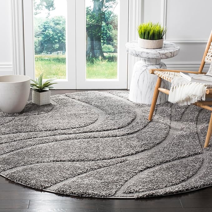 SAFAVIEH Florida Shag Collection Area Rug - 6'7" Round, Grey & Grey, Non-Shedding & Easy Care, 1.2-inch Thick Ideal for High Traffic Areas in Living Room, Bedroom (SG471-8080)