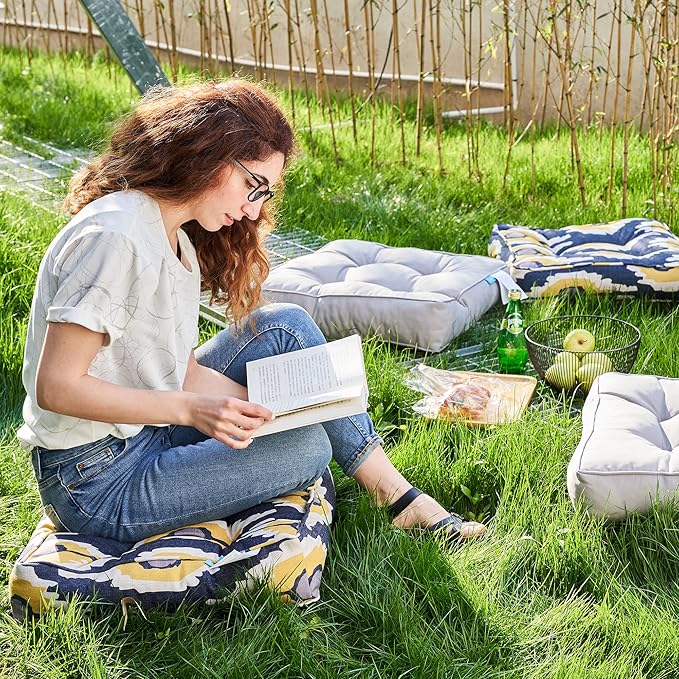 ARTPLAN Outdoor Seat Cushion,Square Thick Tufted Pure Chair Cushion for Patio Wicker Chair with Tie,Set of 2,19"x19"x5"，Grey