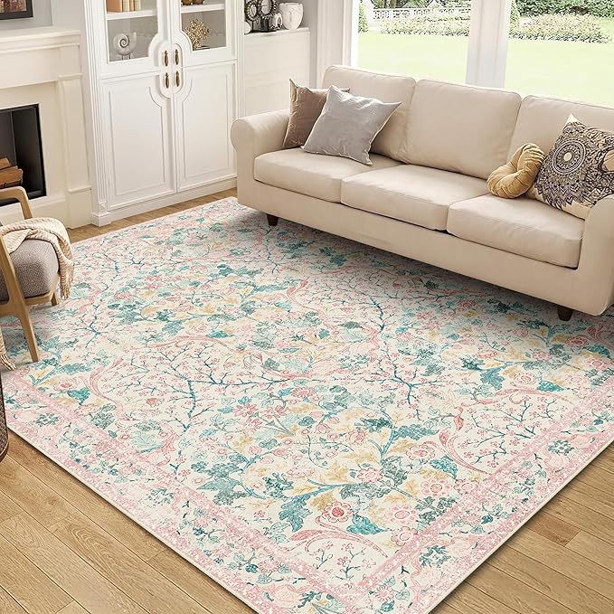 MUJOO Pink 5x7 Area Rugs,Floral Washable Rug for Living Room Bedroom Office Dining Room,Large Throw Carpet,Boho Non Slip Indoor Floor Big Soft Botanical Vintage Ultra-Thin
