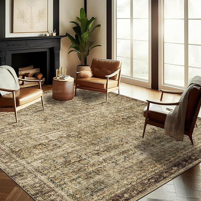 Area Rug 6x9 Washable Rug Dark Brown Vintage Traditional Distressed Thin Retro Kitchen Indoor Floor Cover Non Slip Carpet Floral Print Mat Living Room Bedroom Dining Room