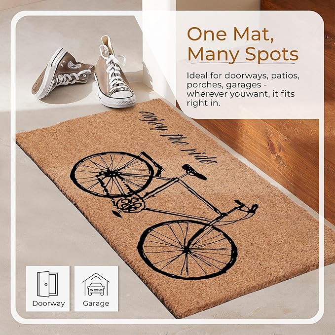 Coir Door Mats 17" X 30", Non-Slip Sturdy, PVC Backed Heavy Duty, Easy to Clean, Ideal for Door Entrance, Patio, Porch, Backyard, Garages, Enjoy The Ride Vintage Bicycle