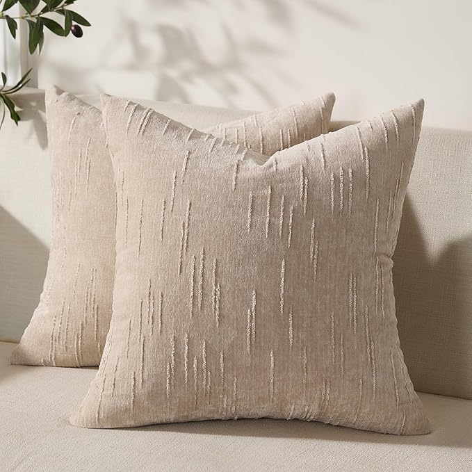Set of 2 Soft Textured Throw Pillow Covers 20x20, Invisible Zipper Neutral Cushion Cases, Easy - Care Decorative Farmhouse Decor for Living Room Couch (Khaki, 20" x 20" (Pack of 2))