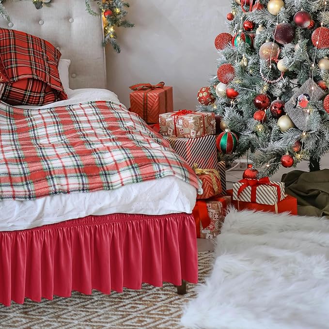 Biscaynebay Wrap Around Bed Skirts for Full & Full XL Beds 15" Drop, Red Adjustable Elastic Dust Ruffles Easy Fit Wrinkle & Fade Resistant Silky Luxurious Fabric Machine Washable
