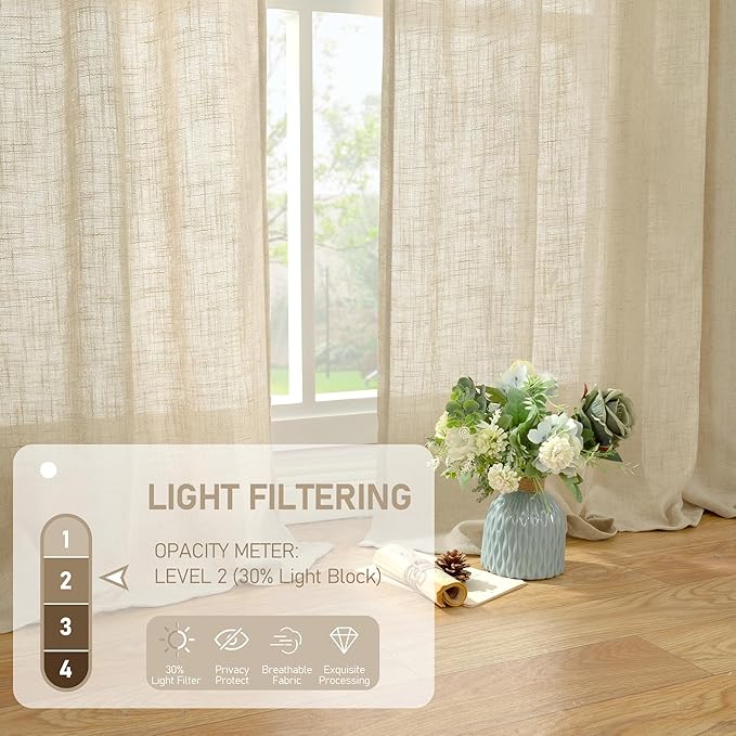 LAMIT Light Filtering Linen Curtains 84 inches Long for Bedroom, Faux Linen Textured Semi Sheer Back Tab and Rod Pocket Burlap Boho Modern Drapes for Living Room/Farmhouse, 2 Panels, 38 x 84 Inch