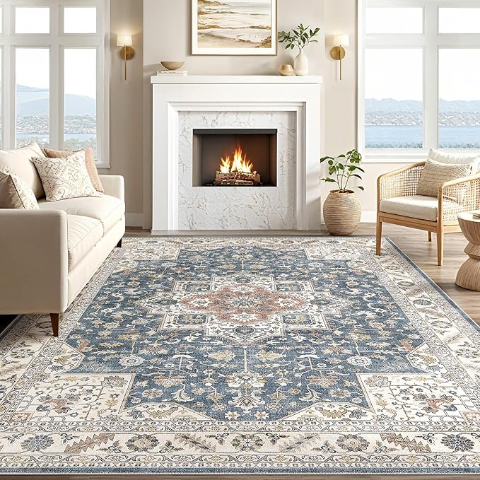 Vintage Living Room Area Rug 10x12 - Large Soft Washable Oriental Traditional Distressed Farmhouse Rugs for Bedroom - Indoor Floor Accent Carpet for Home Office House Decor - Vintage Blue