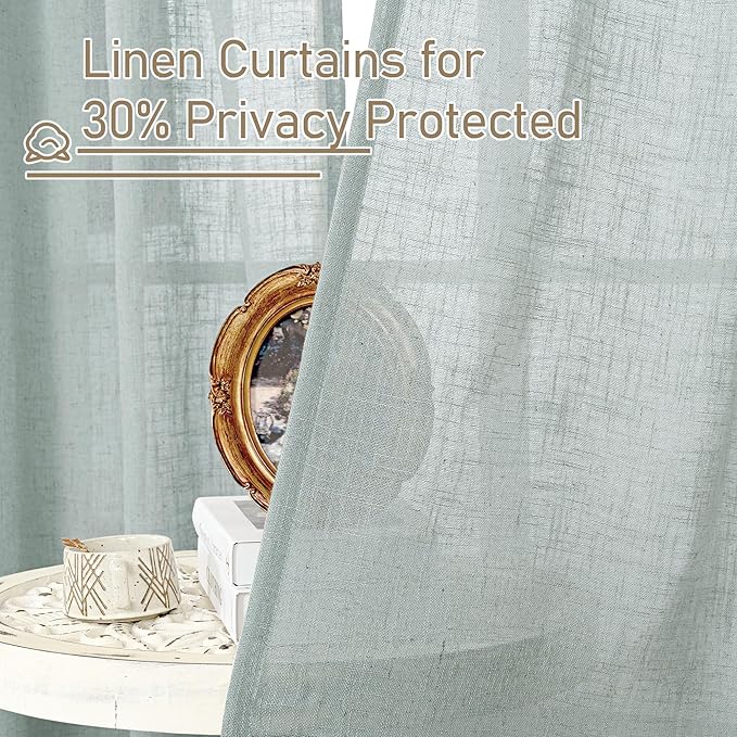 LAMIT Semi Sheer Linen Curtains 36 Inch Length 2 Panels, Light Filtering Panels Back Tab and Rod Pocket Neutral Drapes for Bathroom/Kitchen/Loft Room, Greyish Blue, 25 x 36 Inch