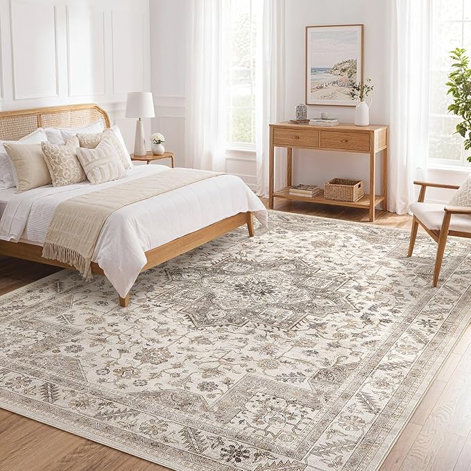 Vintage Living Room Area Rug 9x12 - Large Soft Washable Oriental Traditional Distressed Farmhouse Rugs for Bedroom - Indoor Floor Accent Carpet for Home Office House Decor - Light Brown
