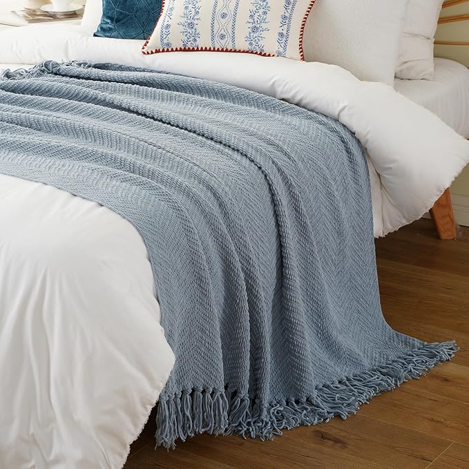 BATTILO HOME Bluish Grey Chenille Throw Blanket for Couch, Knit Throw Blanket,Super Soft Warm Home Decor Throw Blanket with Tassels for Bed,Sofa and Living Room,50" x 60"