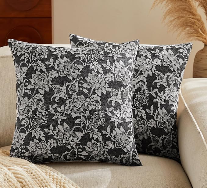 Floral Jacquard Throw Pillow Covers Set of 2, Background/Charcoal 22x22 Inch, Farmhouse Decorative Cotton Dark Grey Cushion Covers for Sofa Bed Living Room Home Decor