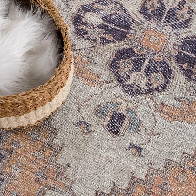 Bloom Rugs Washable 12 ft Runner - Orange / Blue / Beige Traditional Persian Runner for Entryway, Hallway, Bathroom, and Kitchen - Exact Size: 2'5" x 12"