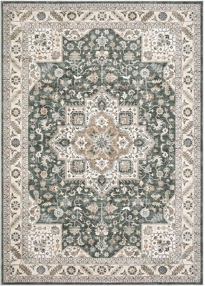 Vintage Living Room Area Rug 7x9 - Large Soft Washable Oriental Traditional Distressed Farmhouse Rugs for Bedroom - Indoor Floor Accent Carpet for Home Office House Decor - Vintage Green