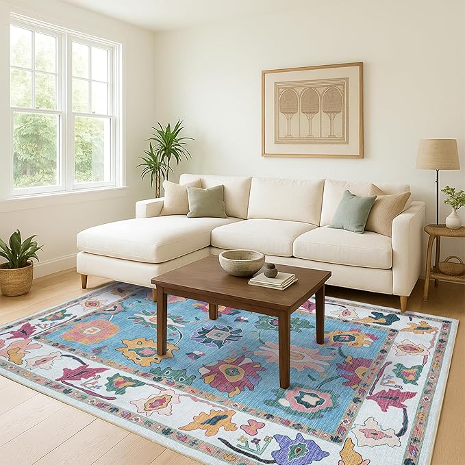 Fame Living Colorful Oushak Rug, Modern, Vintage, Turkish, Eclectic, Floral, Pastel, Washable, Oversized, Extra Large Area Rugs for Living Room, Dining, Bedroom, Lounge 9'5"x14'