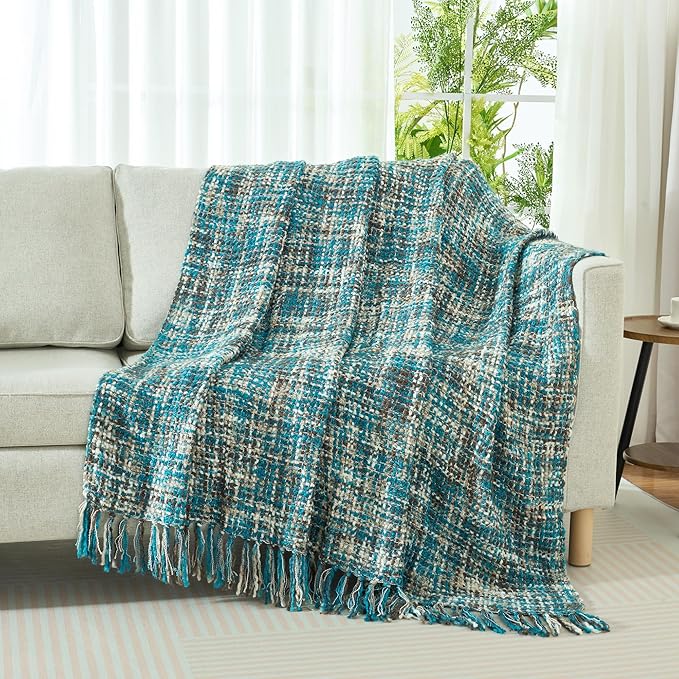Multi-Color Teal Cable Knitted Throw Blanket for Couch,50"X60" Boho Style Textured Blankets for Home Decor,Super Soft Warm Cozy Chunky Knit Blanket with Decorative Tassels for Bed and Sofa
