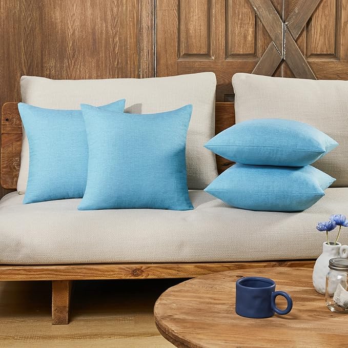Deconovo Pillow Covers Faux Linen Pillow Shams Soft Cushion Covers Pillowcases for Patio 18x18 Inch Lake Blue Set of 4 Case Only No Insert