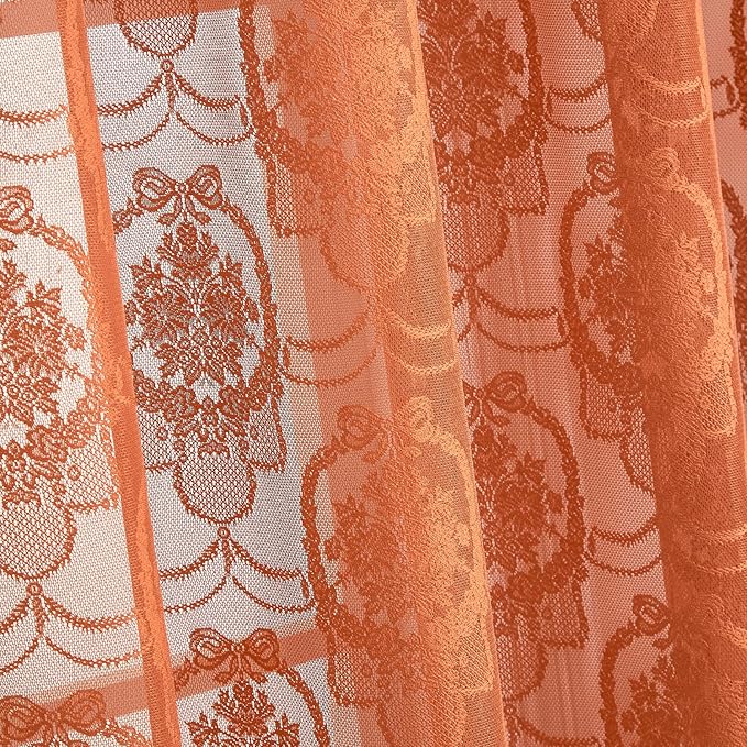 Burnt Orange Lace French Delicacy Curtains 63 Inches Long -Rod Pocket Luxury Vintage Bow Butterfly Sheer Flower Lace Curtains for Living Room Bedroom，52 x 63 Inch, 2 Panels