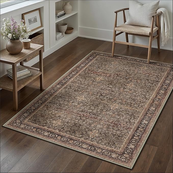 Entryway Area Rug 3x5 Brick Red Vintage Washable Office Carpet Traditional Distressed Indoor Entry Soft Non Slip Small Door Mat Retro Low Pile Thin Rug for Kitchen Laundry Bedroom