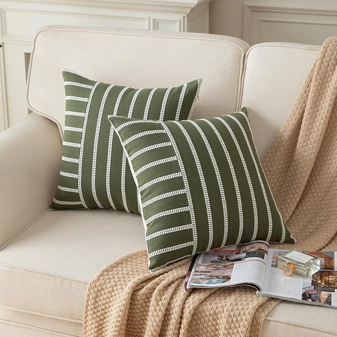 Caflife Boho Throw Pillow Covers 18x18 Set of 2 Soft Farmhouse Decorative Couch Pillow Cases Green Striped Pillow Covers Neutral Cushion Covers for Sofa Bed Living Room Home Decor