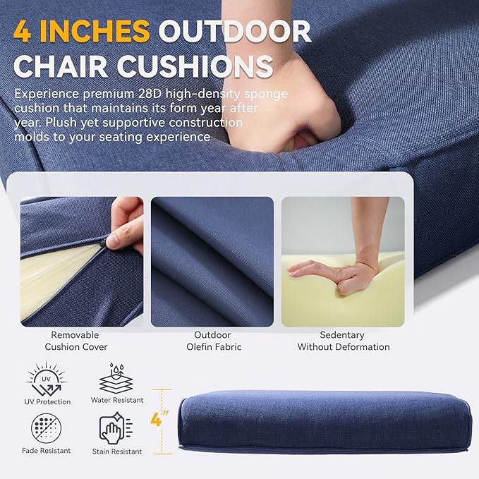 Patio Cushions for Outdoor Furniture - 22" x 25" x 4" UV Resistant Thick Foam Cushions Water Resistant Replacement Cushion for Outdoor Patio Furniture Chair/Sofa/Couch | Blue | 6-Pack |