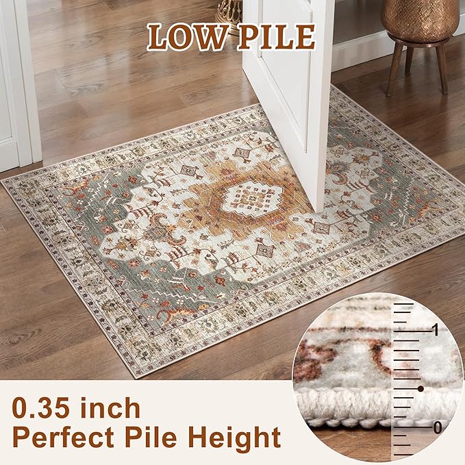 Tangsoo 2x10 Vintage Floral Geometric Runner Rug, Turmeric & Multicolor, Machine Made, Non-Slip, Washable, 0.35 Inch Pile, Rectangular, Indoor, Entryway & Living Room