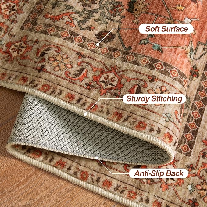 Tangsoo 3x5 Rug, Washable Vintage Rugs Indoor Area Rug, Non Slip Accent Rug, Print Distressed Taupe Carpet, Soft Low Pile Rug for Living Room Dorm Bedroom Bedside Entryway Bathroom