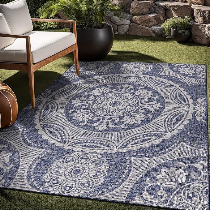Medallion Outdoor Rug 8x10 Washable Outside Carpet for Indoor Patio Porch Waterproof Easy Cleaning Non Shedding Area Rugs Blue 8 x 10