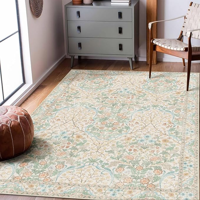 MUJOO 3x5 Rug Washable,Floral Area Rug for Bedroom Office Entryway Living Room Bedside,Small Throw Carpet Boho Non Slip Indoor Floor Neutral Vintage Ultra-Thin Light Green and Beige