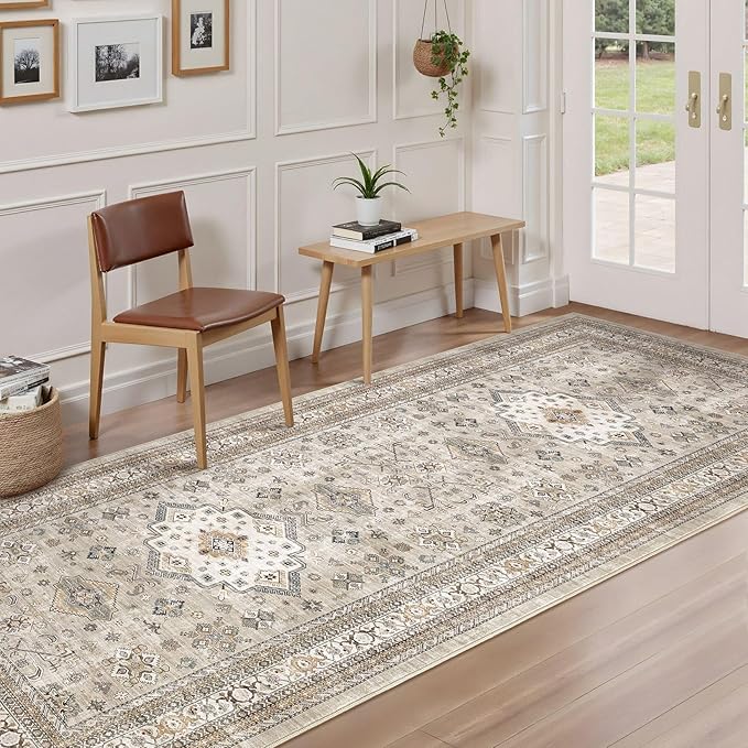 Vintage Hallway Runner Rug 3x10: Large Soft Washable Entryway for Kitchen Laundry Room Non-Slip Backing Runner for Entrance Living Room Bedroom Bathroom - Beige
