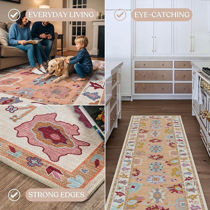 Fame Living Orange Oushak Rug, Modern, Vintage, Turkish, Eclectic, Floral, Pastel, Washable, Extra Large Area Rugs for Living Room, Dining, Bedroom, Lounge, 9'x12'