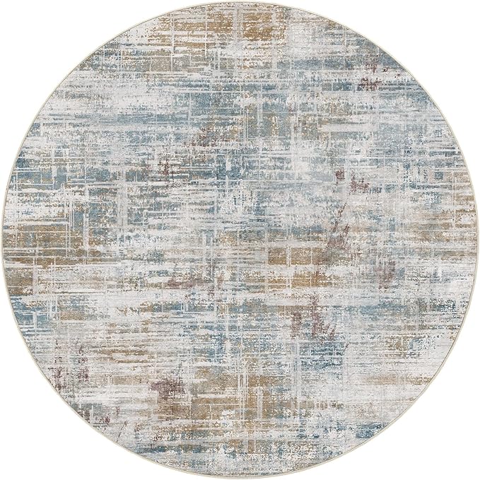 8ft Round Area Rug for Living Room: 8x8 Washable Neutral Abstract Modern Soft Rugs Non Slip Indoor Floor Stain Resistant Carpet for Bedroom Dining Room Office Nursery - Blue Brown