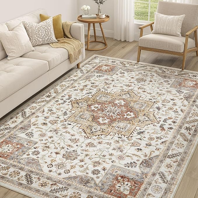 Vintage Living Room Area Rug 5x8 - Large Soft Washable Oriental Traditional Distressed Farmhouse Rugs for Bedroom - Indoor Floor Accent Carpet for Home Office House Decor - Golden Taupe