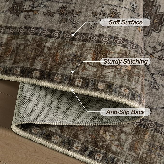 Tangsoo 2.6x10 Washable Hallway Runner Rug, Non Slip Vintage Runner Rug for Hallways, Soft Low Pile Long Rug Runner, Print Distressed Carpet Runners for Kitchen Bedroom Entryway Living Room Grey