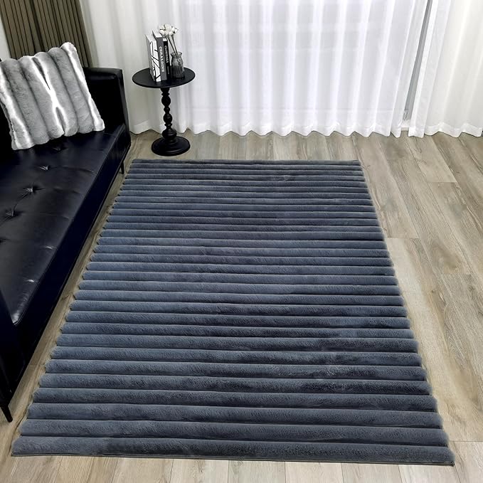 GLORY RUGS Area Rugs Striped Soft Faux Rabbit Fur Rug 5x7 Becky Gray Plush Carpet Shag Cozy Fluffy Rug Non Slip Rugs, Machine Washable Shaggy Area Rug Bedroom Living Room and Dining Room.